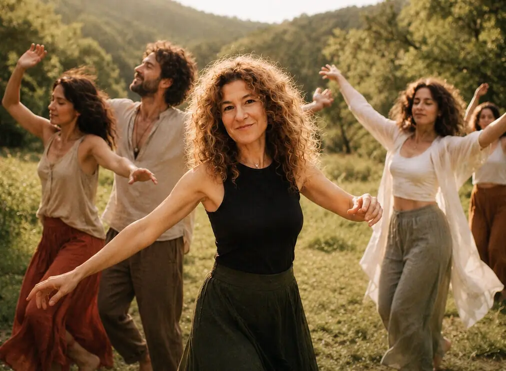 Gruppo che danza libero in un prato, nella natura di Valle Benedetta